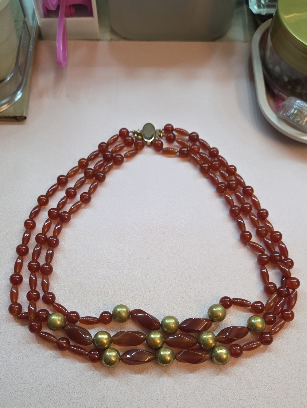 Classic Multi-Strand Reddish-Brown Bead Necklace with Real 14k Gold Lock Clasp